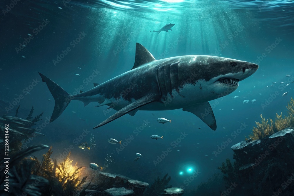 Fototapeta premium Massive megalodon shark swimming in the dark depths of the ocean, marine wildlife, predator fish