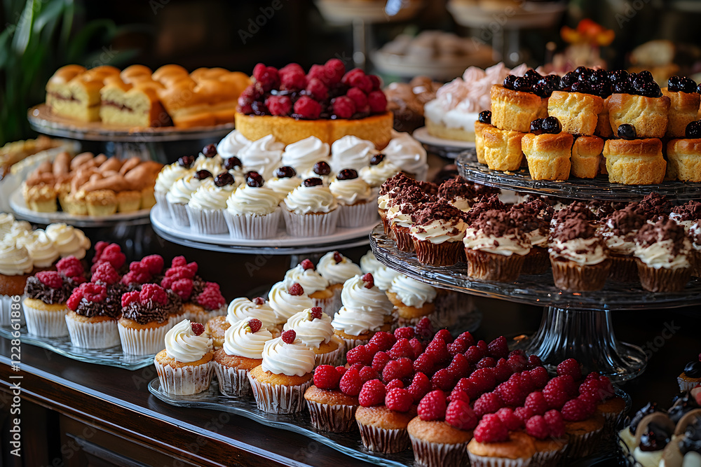 Delicious Assorted Cupcakes and Pastries, Gourmet Dessert Table with Berries and Chocolate, Elegant Bakery Display Delicious Assorted Cupcakes and Pastries, Gourmet Dessert Table with Berries and Chocolate, Elegant Bakery Display