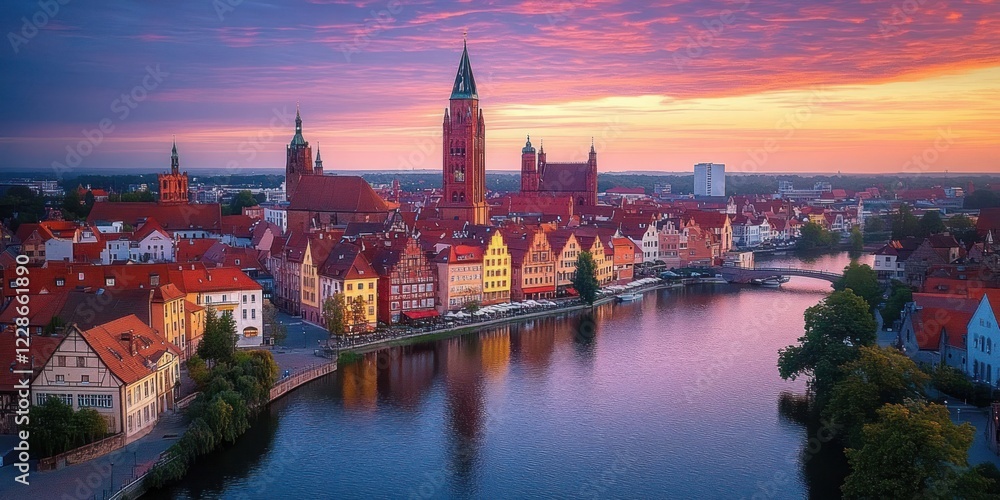 Obraz premium Aerial View of Wrocław's Historic Cathedral Island at Dusk with Illuminated Gothic Architecture and Scenic River