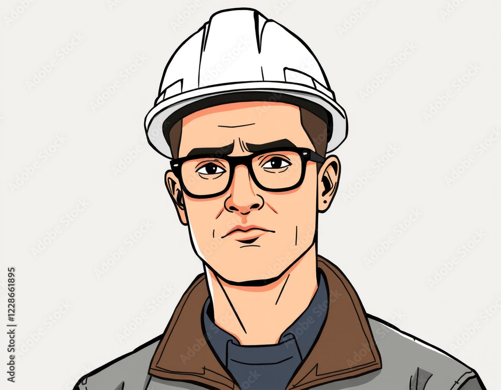 Illustration of an Engineer in a White Hard Hat and Glasses Illustration of an Engineer in a White Hard Hat and Glasses