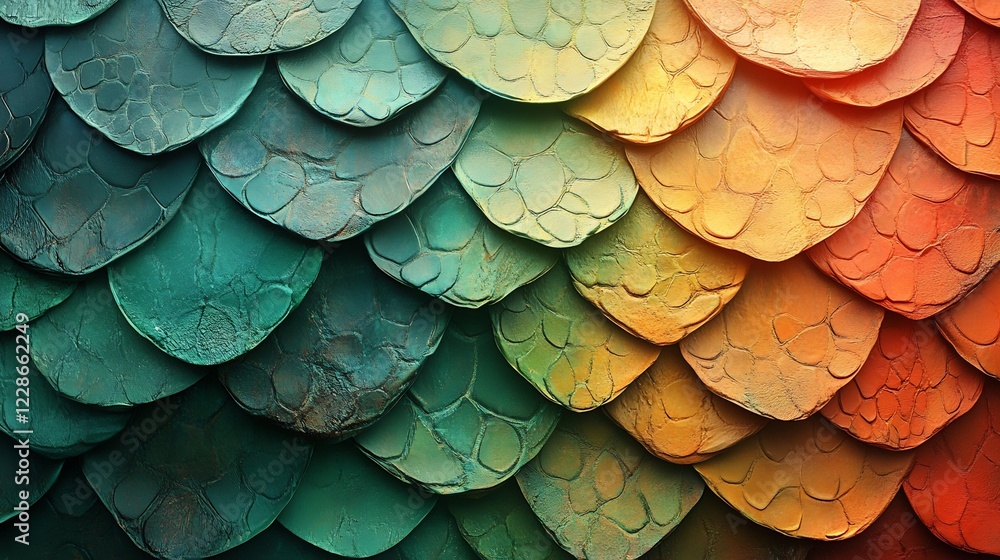Obraz premium Vibrant textured scales subtly shift from teal to amber creating a mesmerizing gradient. AI Generated