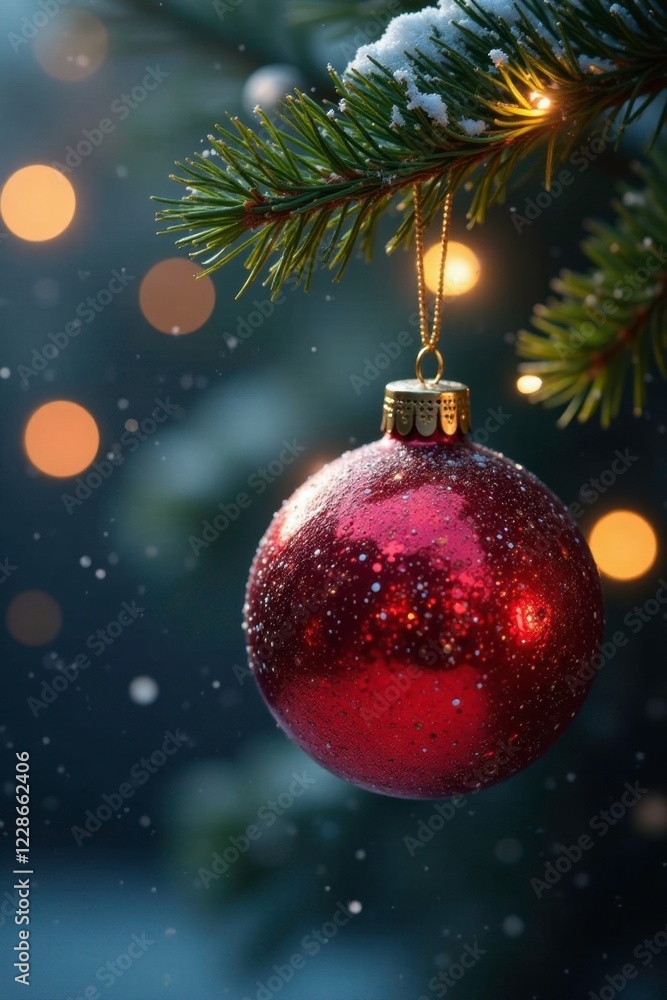 Sparkling red glass ball hangs from twirling pine, holiday lights, snowy scenes, whimsical decorations Sparkling red glass ball hangs from twirling pine, holiday lights, snowy scenes, whimsical decorations