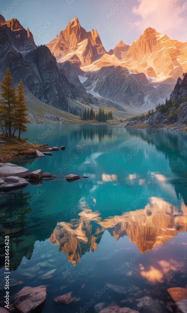 Mountain peaks reflected in a still mountain lake, natural, mountain peaks Mountain peaks reflected in a still mountain lake, natural, mountain peaks