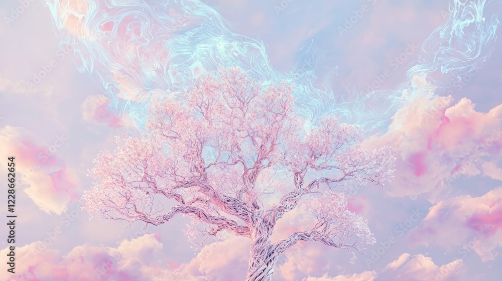 Ethereal Leafless Tree in Dreamy Sky Over Colorful Clouds