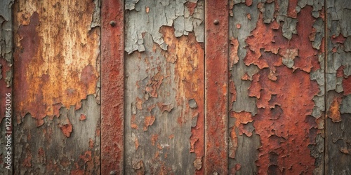 Rustic Wooden Planks with Flaking Paint and Extensive Rust Showing the Effects of Time and Decay