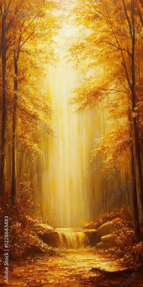 Obraz premium Golden Autumn Waterfall In A Sunlit Forest