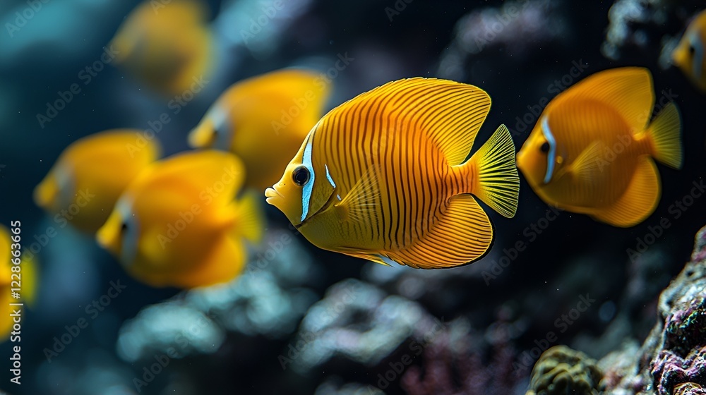 Naklejka premium Golden fish school swimming reef background underwater nature ocean