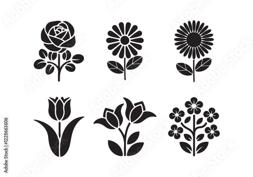 Canvas Print Set of flowers. 6 vector silhouette icon set