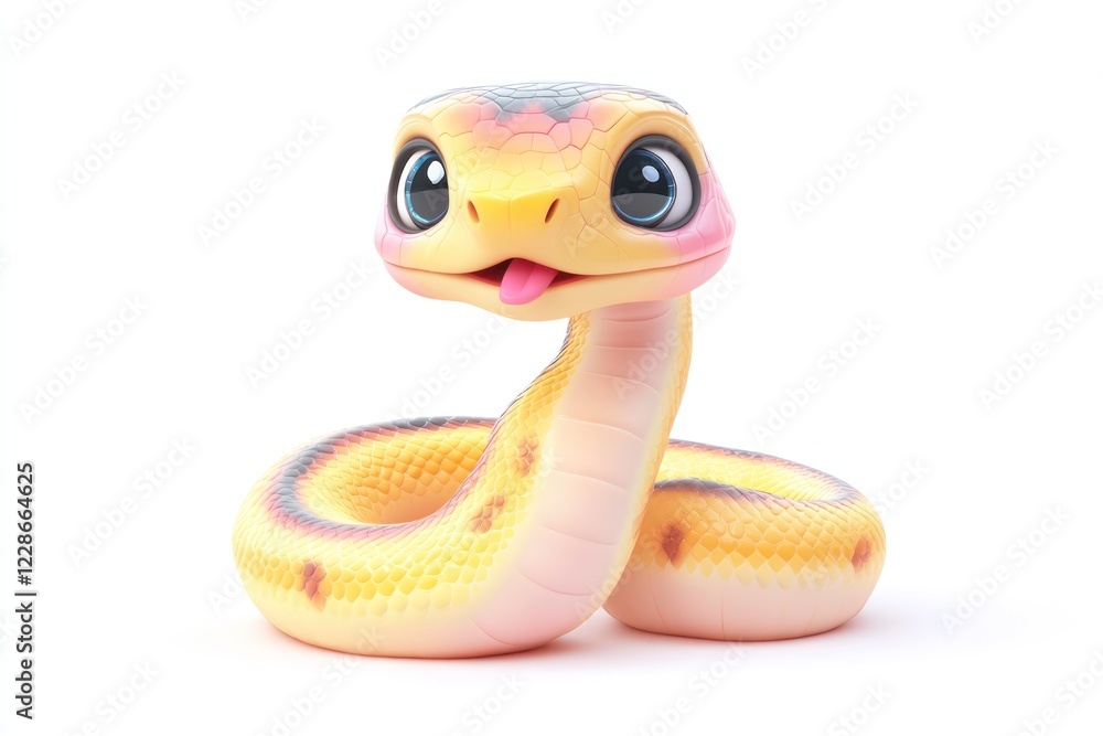 Fototapeta premium Cute baby snake cartoon, white background, playful expression, children's book illustration