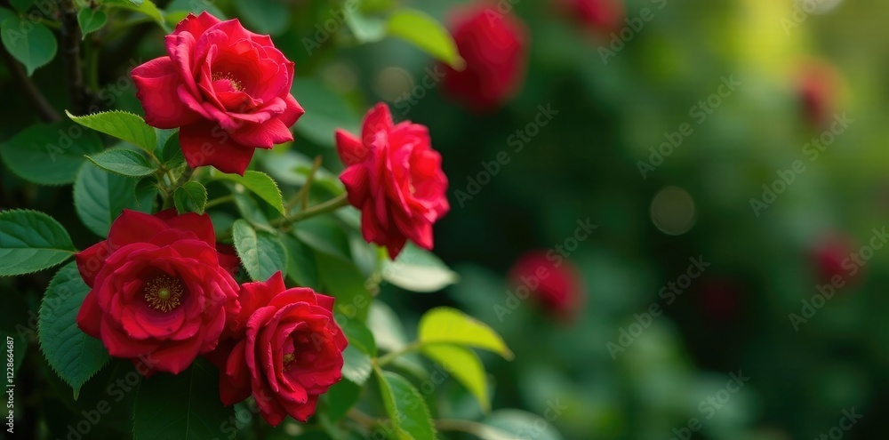 Green leafy foliage and branches supporting clusters of bright red garden roses, botanical, greenery Green leafy foliage and branches supporting clusters of bright red garden roses, botanical, greenery