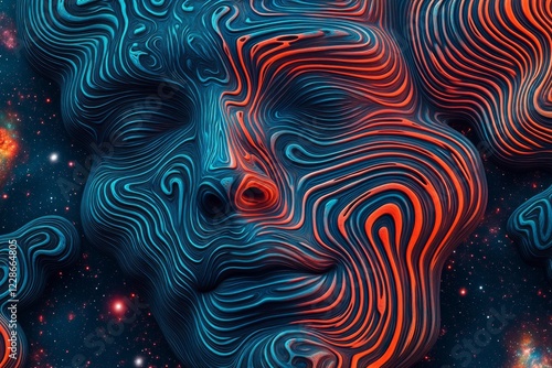 Surreal Abstract Portrait with Flowing Lines and Cosmic Background in Vibrant Colors