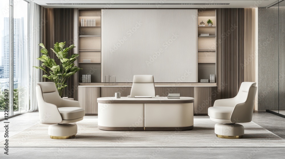 Fototapeta premium Modern executive office interior with a white desk, chairs and plant, featuring neutral tones and elegant design