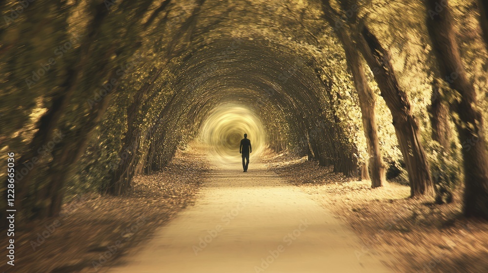 Fototapeta premium Blurred Figure Walking Through Enchanted Orchard Pathway