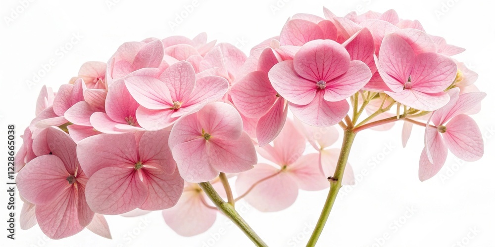 Fototapeta premium Delicate pink hydrangea blossoms on a bright white background, showcasing their soft petals and intricate details.