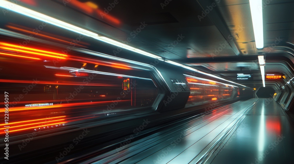 A futuristic subway station with sleek architecture, neon signage glowing bright, and trains captured in motion blur A futuristic subway station with sleek architecture, neon signage glowing bright, and trains captured in motion blur