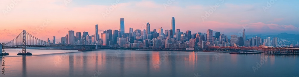 Fototapeta premium Modern city skyline at dawn with sleek skyscrapers and bridge reflecting on water