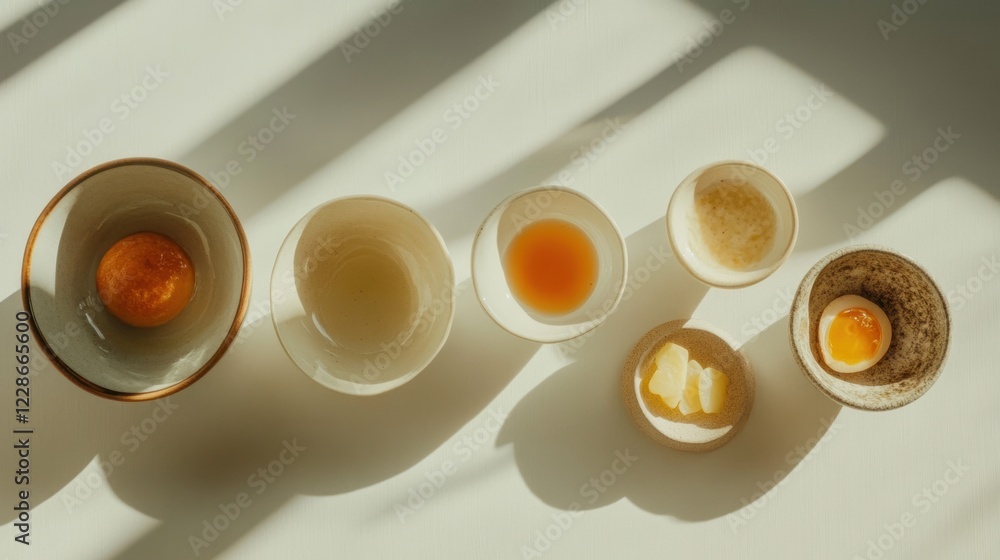 Sunlight casting shadows on six bowls containing eggs and condiments on a table Sunlight casting shadows on six bowls containing eggs and condiments on a table