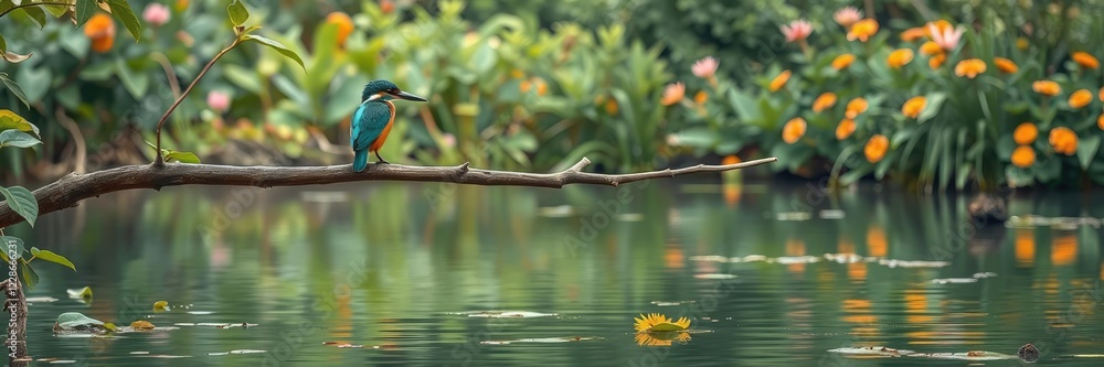 Obraz premium Kingfisher rests on thin wooden limb suspended high above calm surface of serene pond surrounded by lush foliage and vibrant wildflowers, greenery, forest surroundings