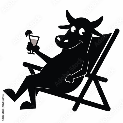 Cartoon of a comical cow chewing while reclining in a deckchair