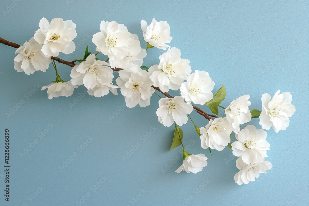 Fototapeta premium Beautiful white flowers on branch against blue background serene atmosphere