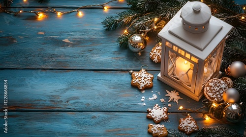 christmas lantern gingerbread cookies and festive lights photo