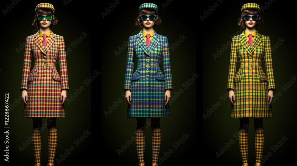 Fototapeta premium Fashion Model Poses in Colorful Plaid Coats