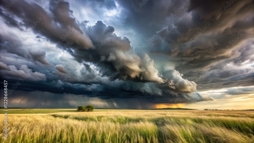Dark grey storm clouds gather over a vast open field with tall grasses swaying in the wind, as if caught in the turbulent air , outdoors, atmosphere Dark grey storm clouds gather over a vast open field with tall grasses swaying in the wind, as if caught in the turbulent air , outdoors, atmosphere