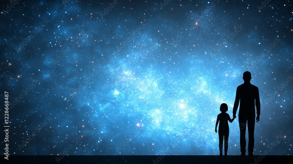 Fototapeta premium Father Daughter Stargazing Night Sky Silhouette