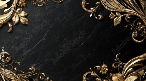 Elegant Golden Ornament on Black Marble Background