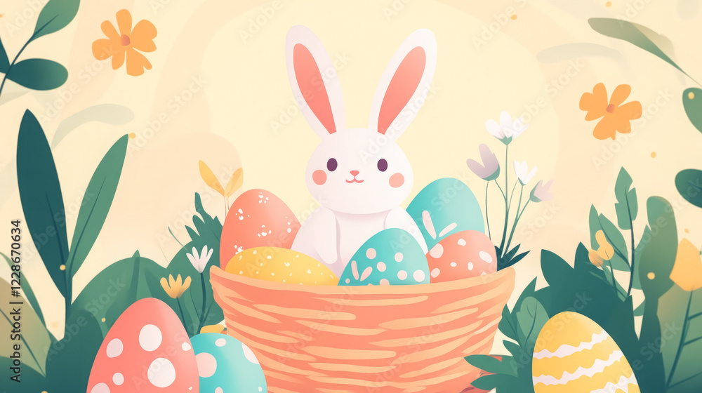 adorable easter bunny nestled in a wicker basket surrounded by colorful decorated easter eggs and spring flowers illustration adorable easter bunny nestled in a wicker basket surrounded by colorful decorated easter eggs and spring flowers illustration