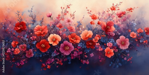 Wallpaper Mural watercolor floral arrangement deep reds pinks purple roses bouquet wedding greeting card illustration Torontodigital.ca