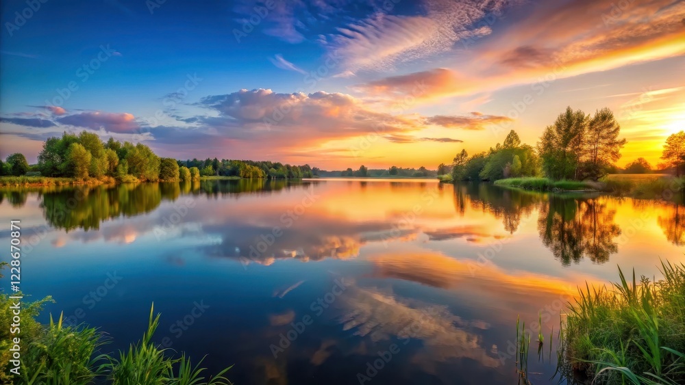 Panorama of a serene lake at sunset, peaceful, landscape, peaceful, landscape, calm, reflection Panorama of a serene lake at sunset, peaceful, landscape, peaceful, landscape, calm, reflection