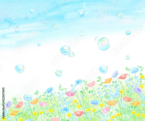 カラフルな花畑からシャボン玉が舞い上がる明るく楽しい雰囲気な春の風景。青空が爽やかな水彩イラスト。