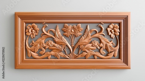 Ornate Wooden Floral Carving in Brown Frame