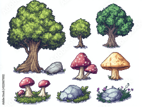 Pixel Art Nature Elements - Trees, Mushrooms, and Rocks photo