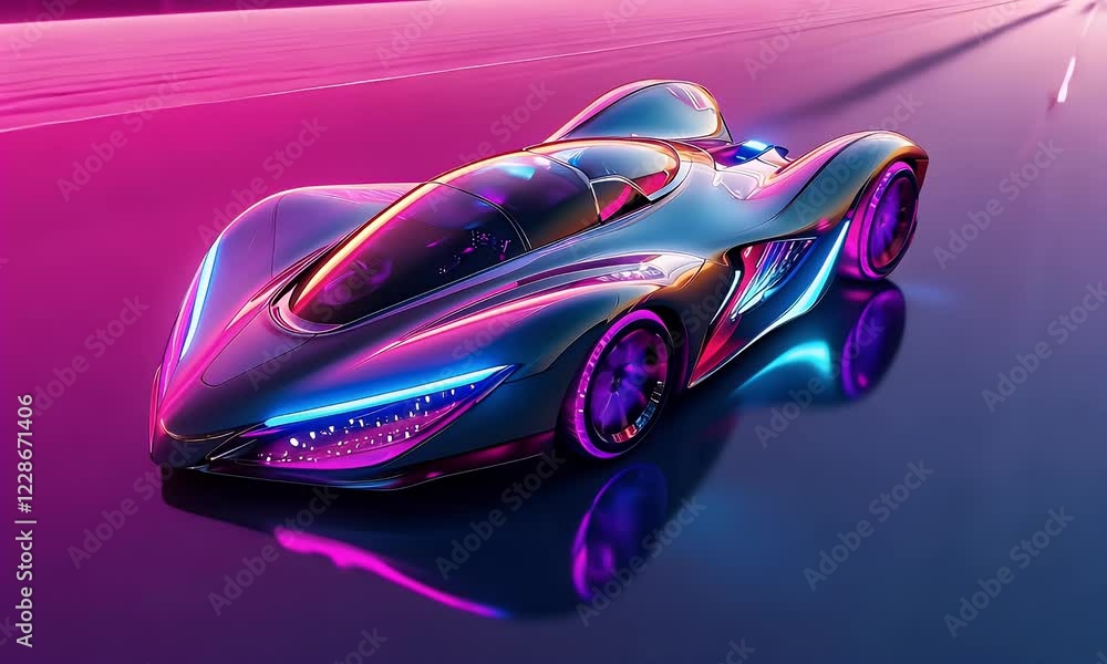 Futuristic car driving on neon road, sunset Futuristic car driving on neon road, sunset