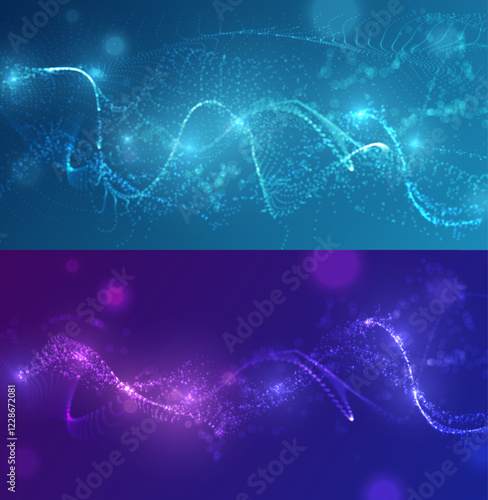 Waves of many lines flowing particles and sparkles, abstract dynamic dotted wavy stripes blue gradient vector background