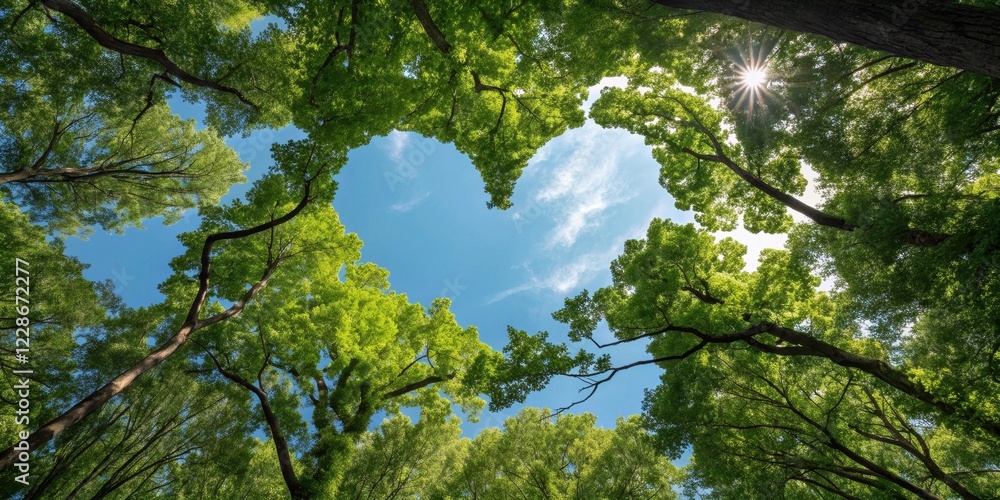 Fototapeta premium A Canopy of Lush Green Leaves Creates a Heart-Shaped Opening to a Bright Sunny Sky