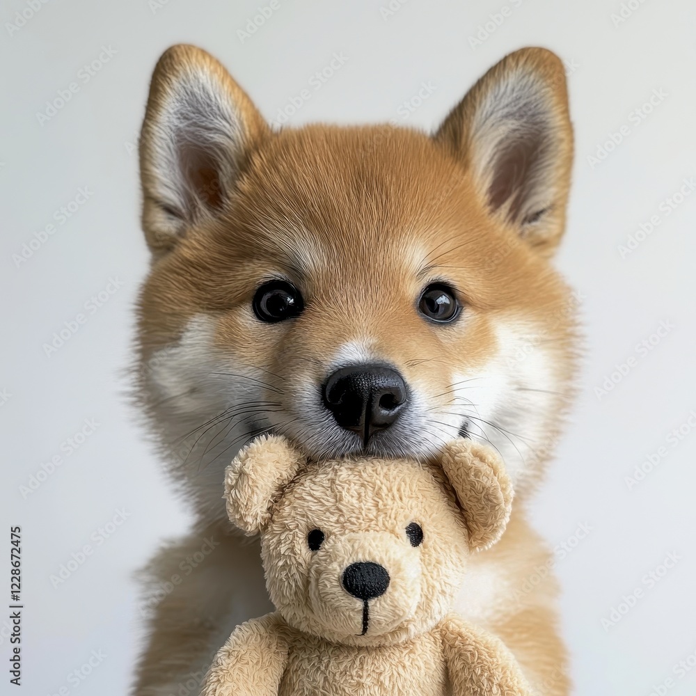 Obraz premium Adorable Shiba Inu Puppy Holding Plush Toy in Its Mouth