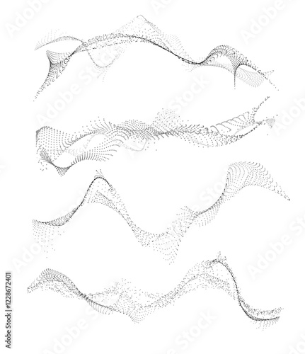 Wave of many lines flowing particles, abstract dotted wavy black stripes, curvy dynamic stream energy pulsing vector set