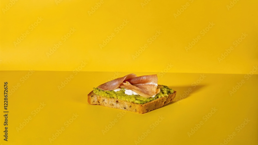 A Delicious Open-Faced Sandwich with Avocado, Cheese, and Thinly Sliced Meat on a Yellow Background A Delicious Open-Faced Sandwich with Avocado, Cheese, and Thinly Sliced Meat on a Yellow Background