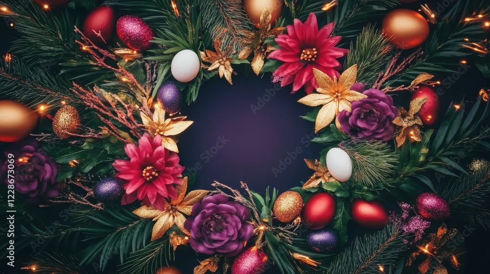 Festive Easter Egg Wreath with Flowers and Lights Festive Easter Egg Wreath with Flowers and Lights