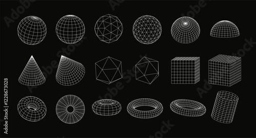 3d wireframe geometric shapes, perspective grid figures, tech mesh vector set white line elements on black, sphere torus