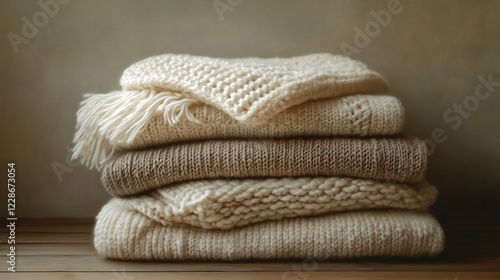 Softly lit stack warm cream knit sweaters blankets. AI Generated