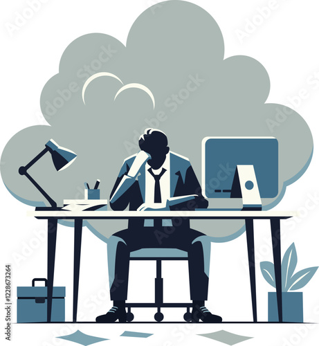 Vector illustration of a person overwhelmed and tired of work by the desk with computer, lamp, paperwork