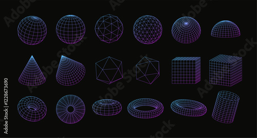 3d wireframe geometric shapes, perspective grid figures, tech mesh purple gradient line elements on black vector set