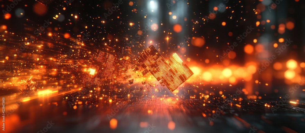 Obraz premium Fiery cube exploding into sparks and light.