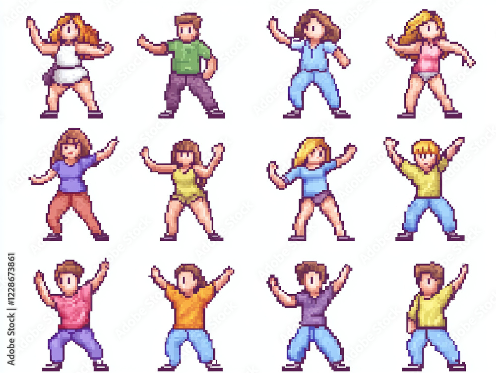 Naklejka premium Pixel Art People Dancing: Retro Style Characters