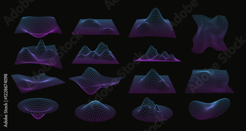 Set of wireframe curved perspective grid shapes illustrations in pink and blue neon glowing color.