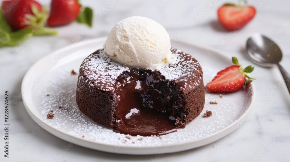 A luscious and smooth chocolate lava cake with a molten center, served with a scoop of vanilla ice cream and a sprinkle of powdered sugar, Cake centered A luscious and smooth chocolate lava cake with a molten center, served with a scoop of vanilla ice cream and a sprinkle of powdered sugar, Cake centered